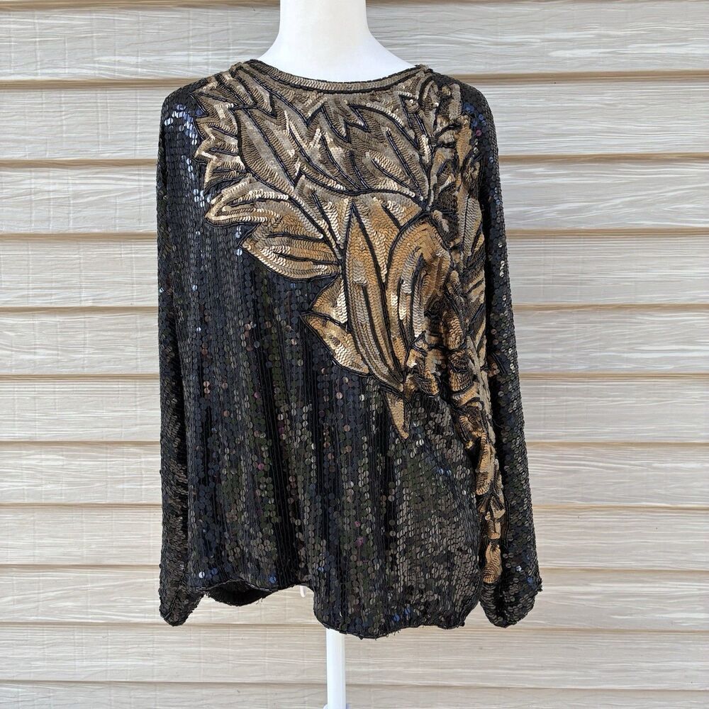 Vintage Judith Ann Creations Black Beaded Blouse Flowy Sequined Top Gold Small